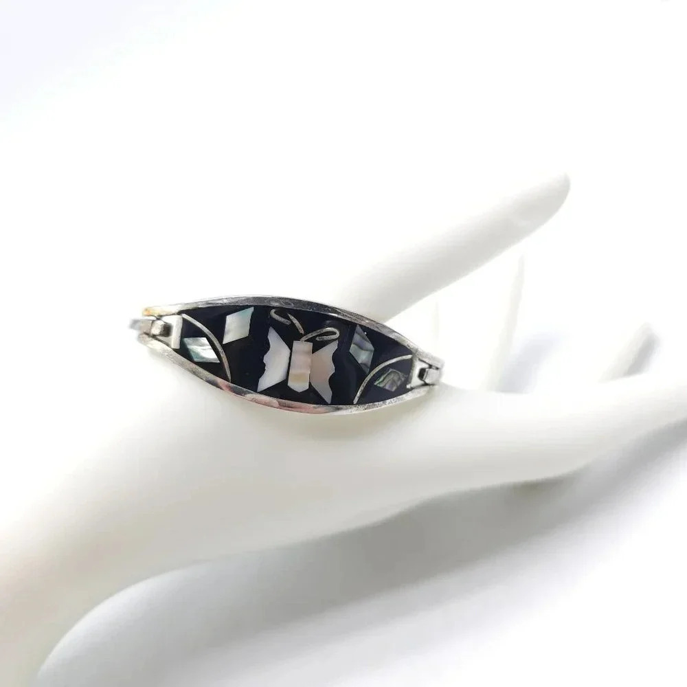 Alpaca Mother of Pearl Butterfly Hinged Cuff Bangle Bracelet Silver Tone VTG